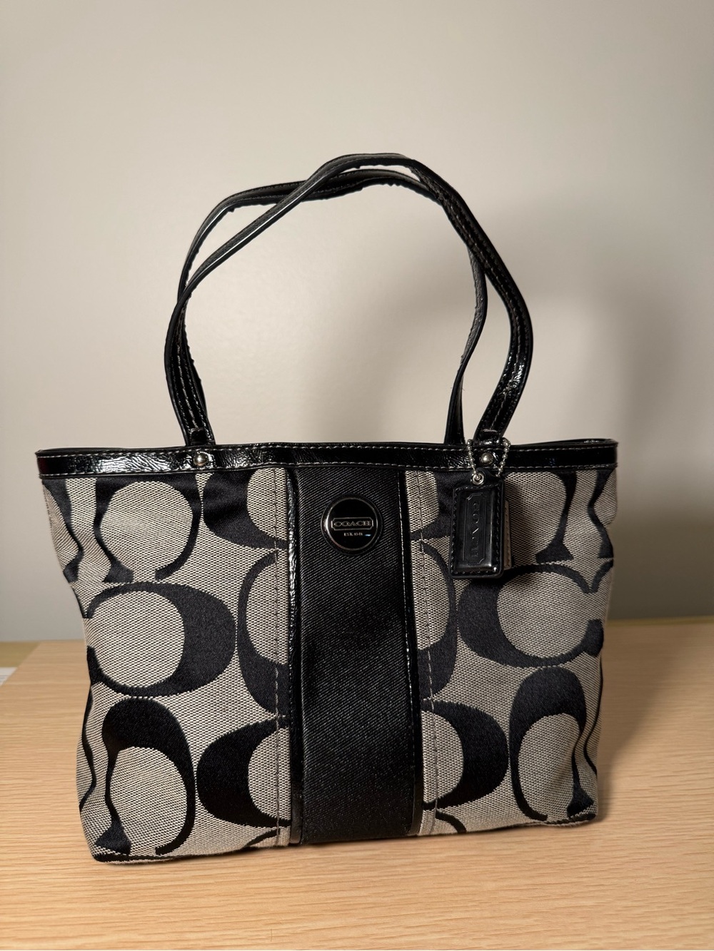 Vintage Y2K Coach Signature Stripe Small Tote Bag Black/Gray Jacquard F15112